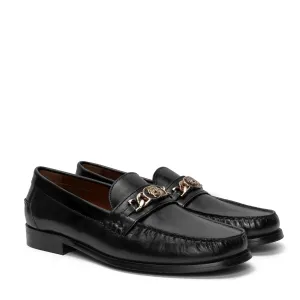 Black Leather Moccasin Loafer with Chain Embellishment Lion Logo