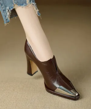 Brown Chunky High Heels Sheepskin Classy Splicing Pointed Toe RX012