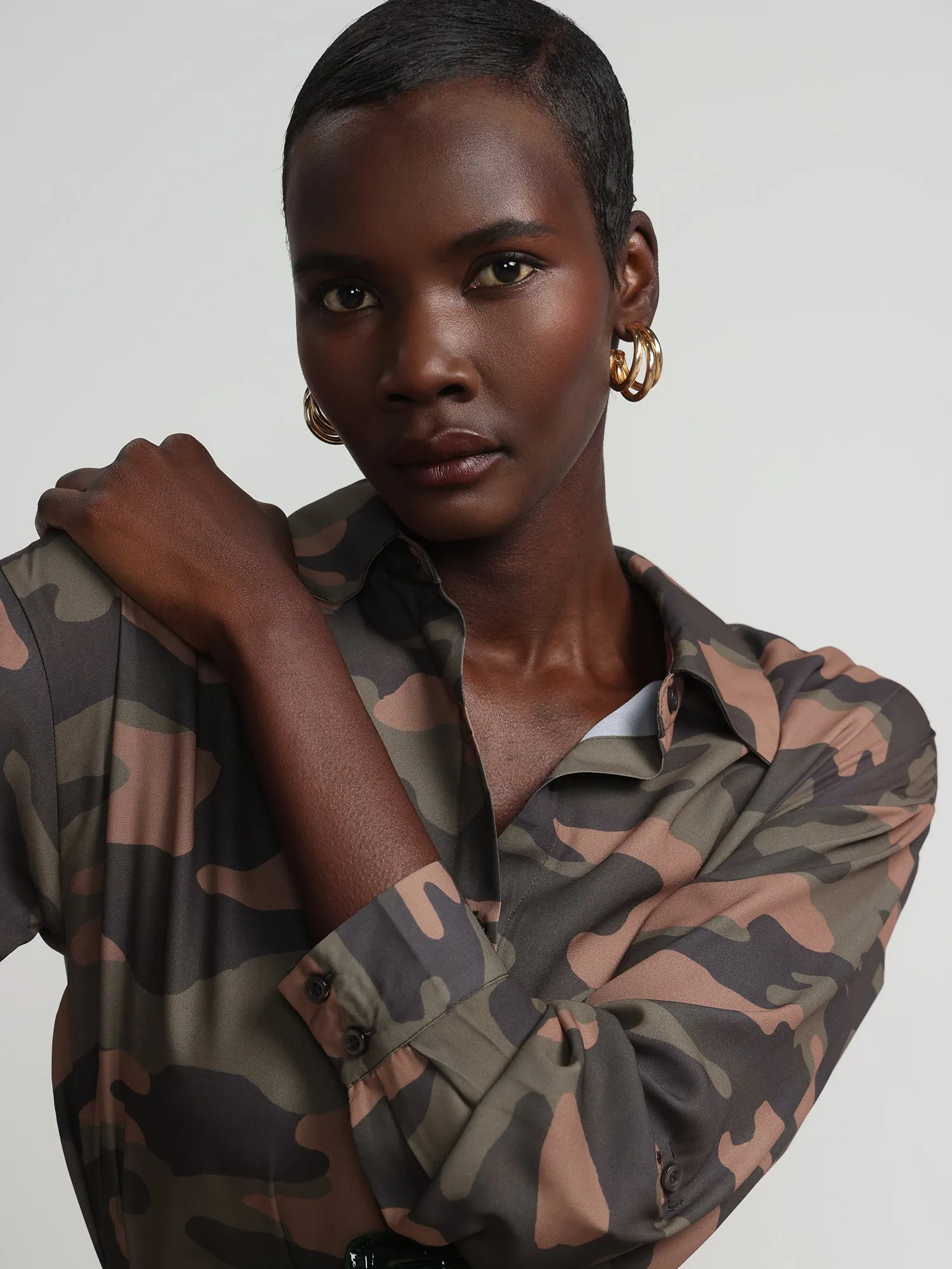 Camouflage Button-Front Maxi Top