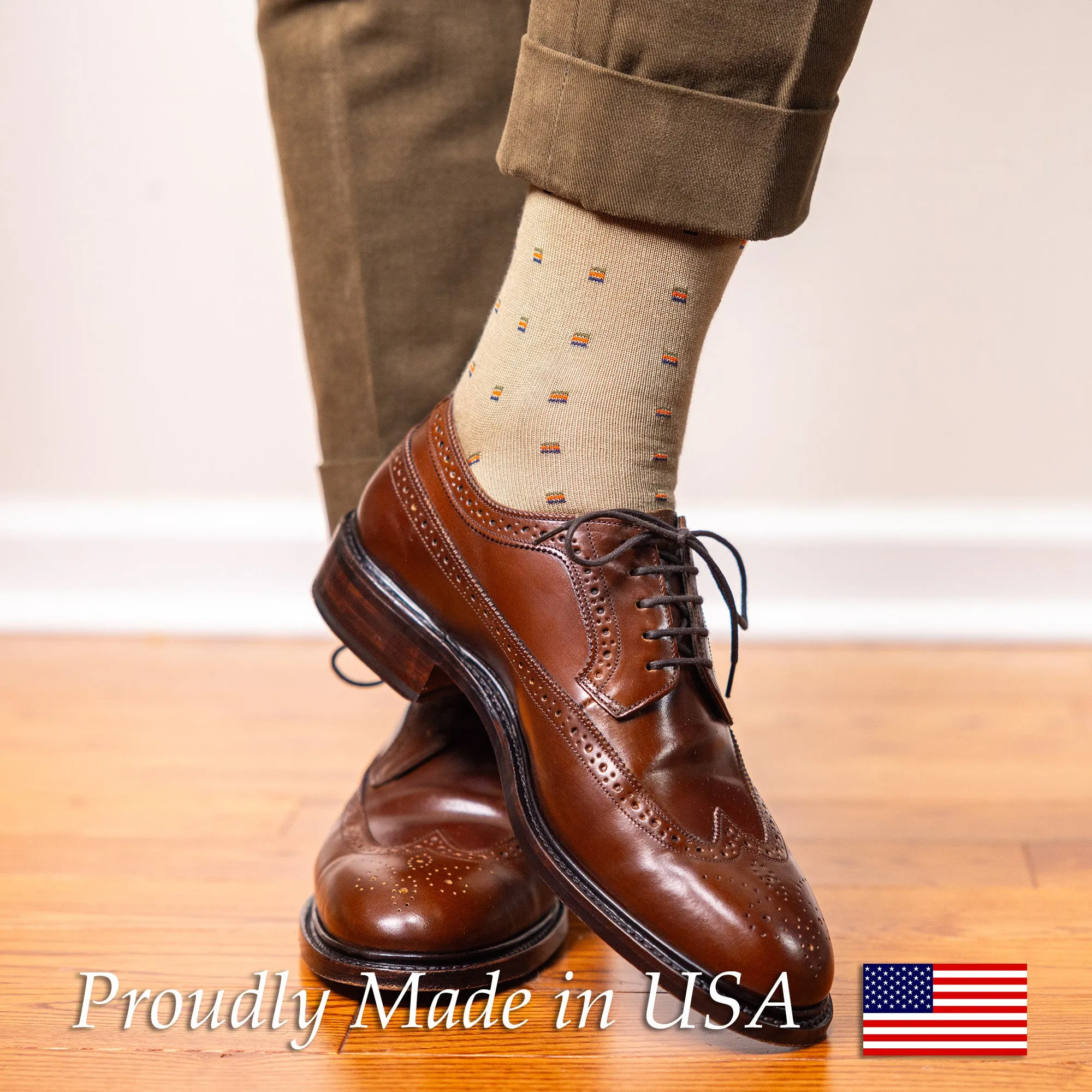 Colorful Square Knots on Khaki Cotton Over the Calf Dress Socks