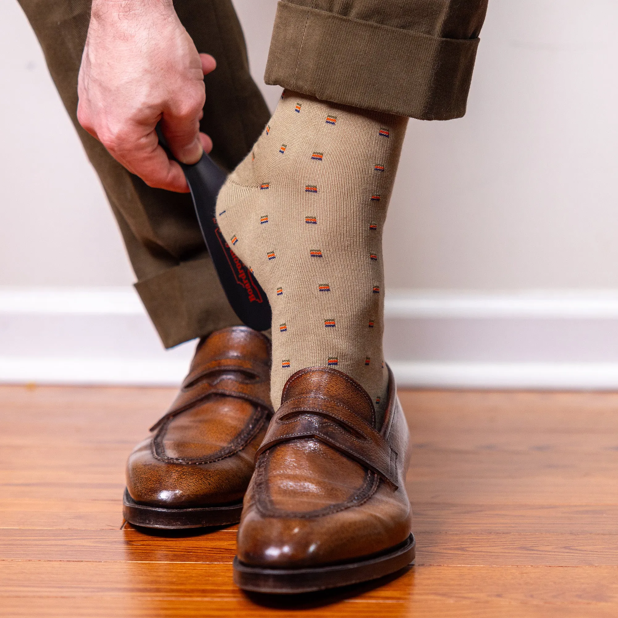 Colorful Square Knots on Khaki Cotton Over the Calf Dress Socks