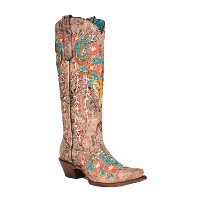 Corral Ladies Deer Head Inlay & Floral Embroidery Brown Western Boots A4374