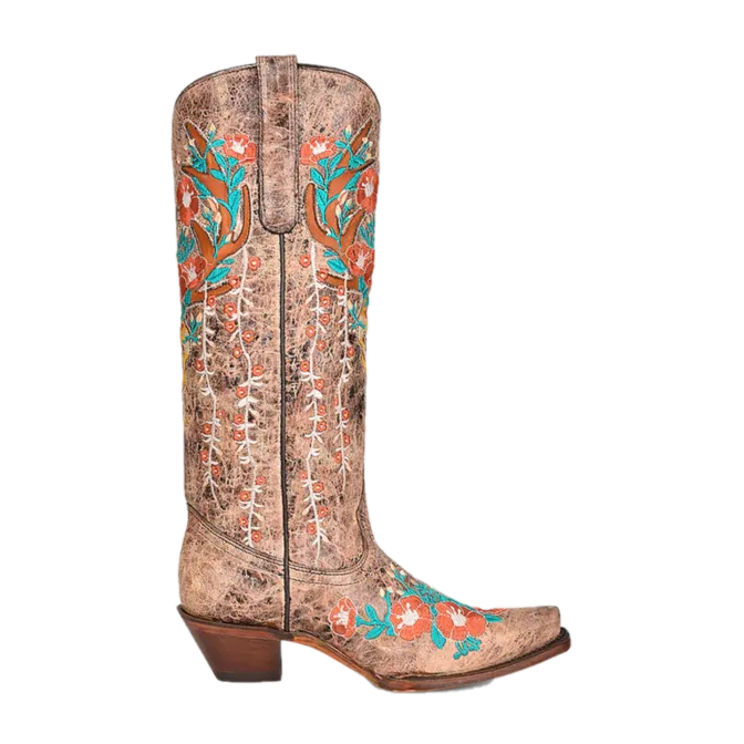 Corral Ladies Deer Head Inlay & Floral Embroidery Brown Western Boots A4374