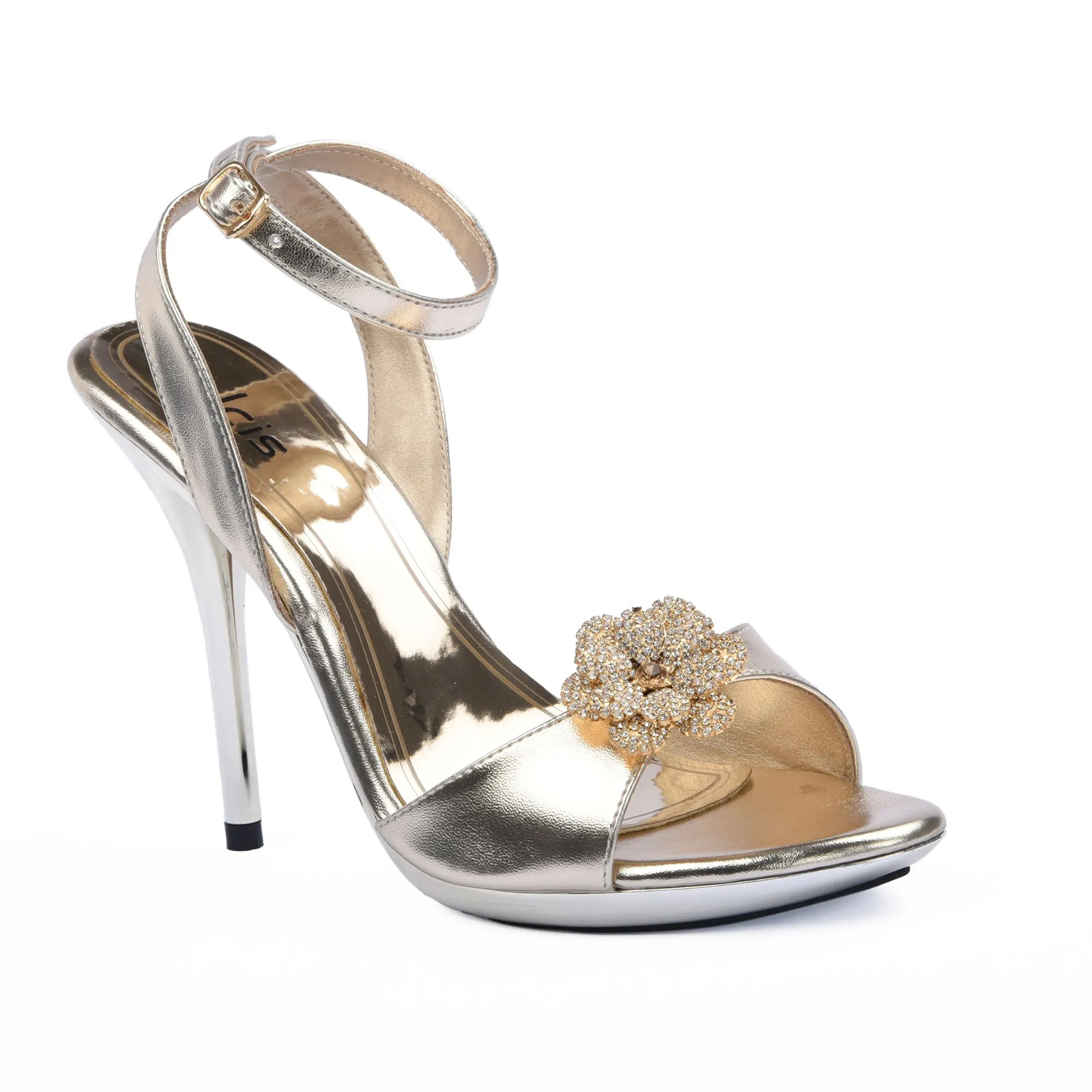 Elegant Gold High Heels with Rhinestone Flower | 250D-X