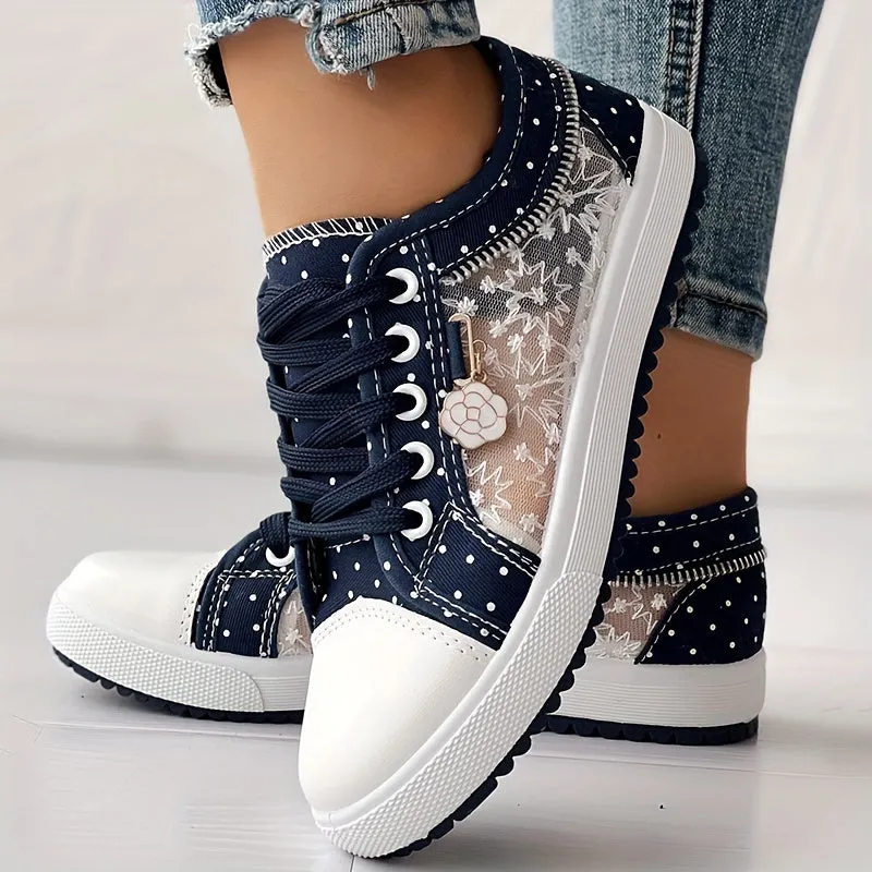 elveswallet Round Toe Lace Up Low Top Mesh Flat Sneakers