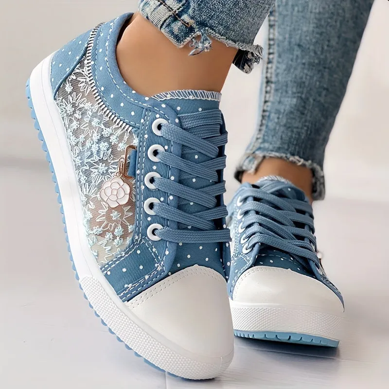 elveswallet Round Toe Lace Up Low Top Mesh Flat Sneakers