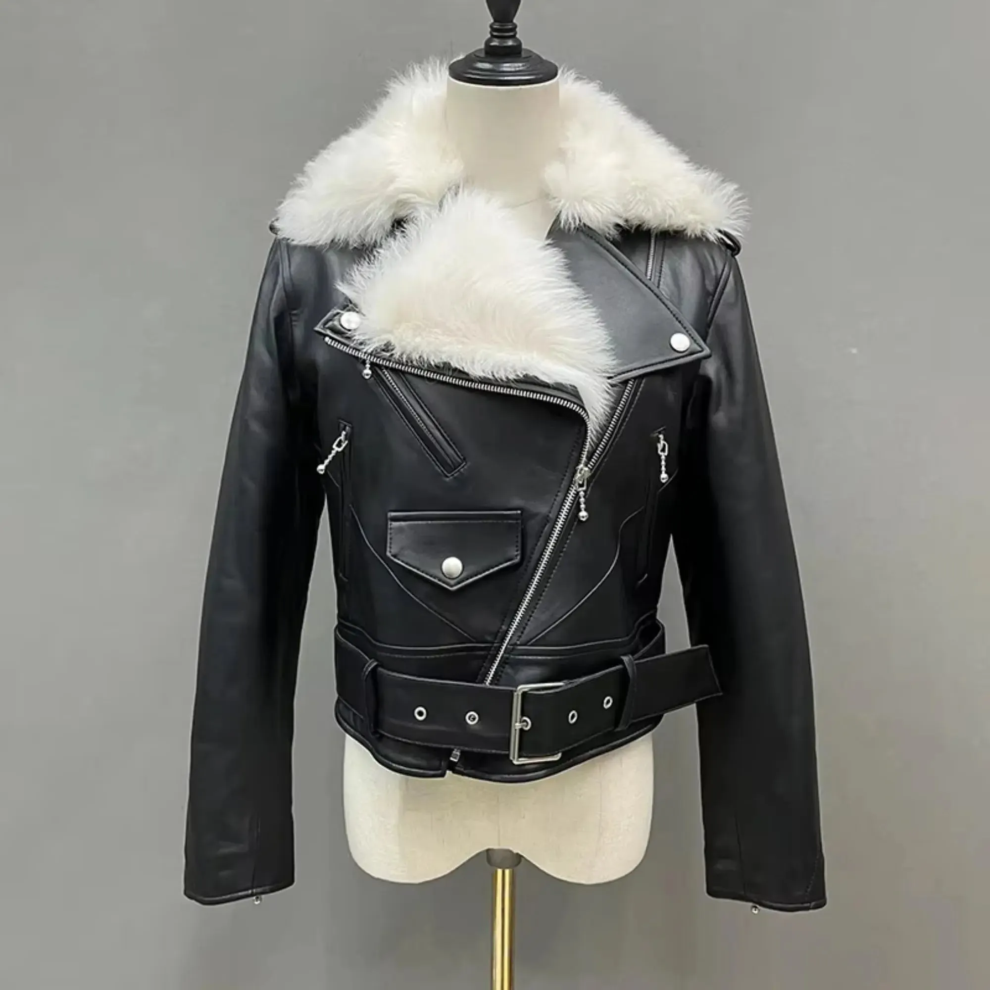 Fur Collar Biker Leather Jacket