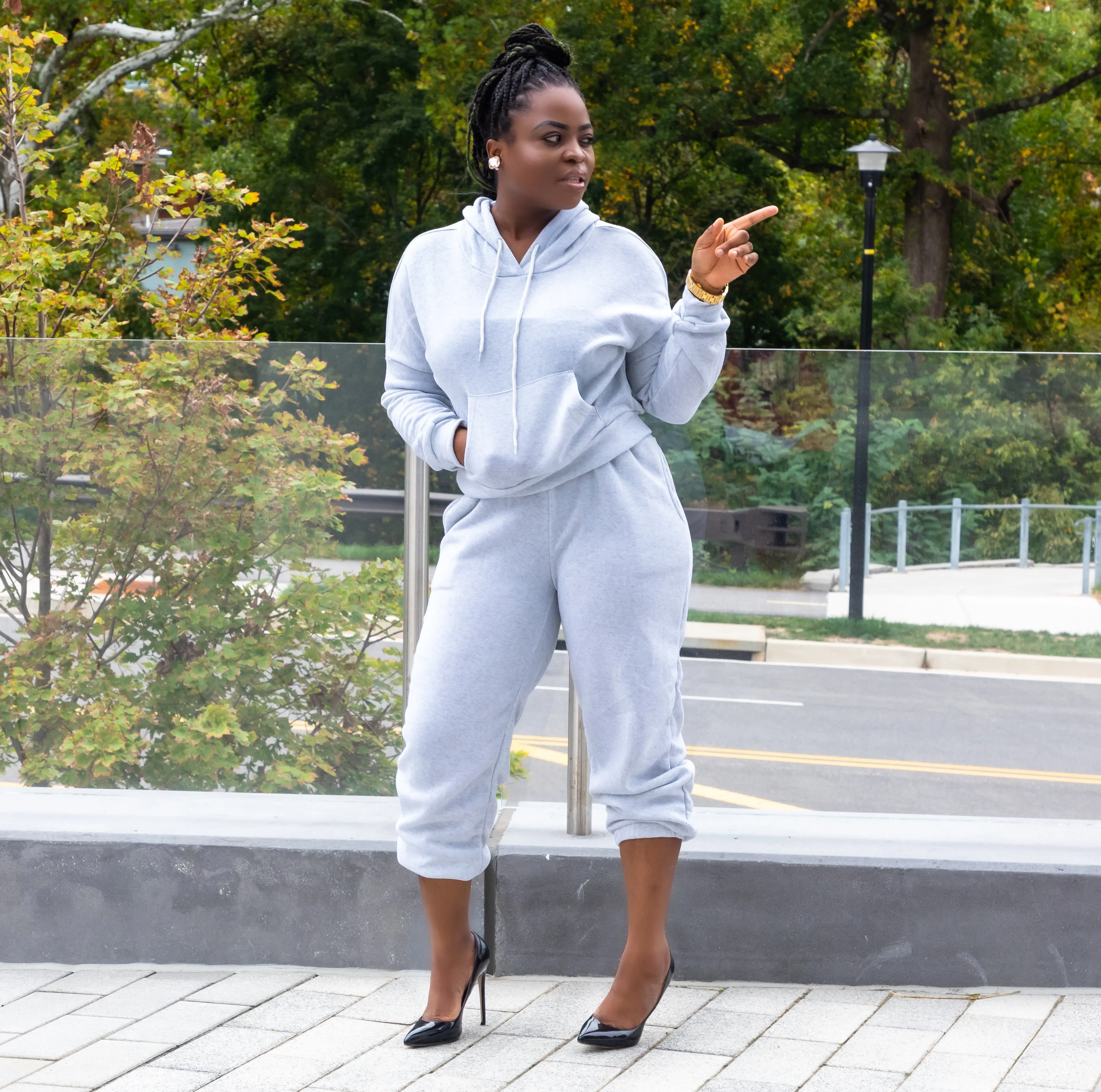 Gray Fleece Cuffed High Waisted Joggers Set