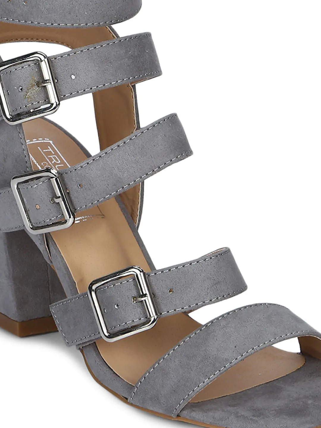 Grey Micro Strappy Multiple Buckle Block Heels