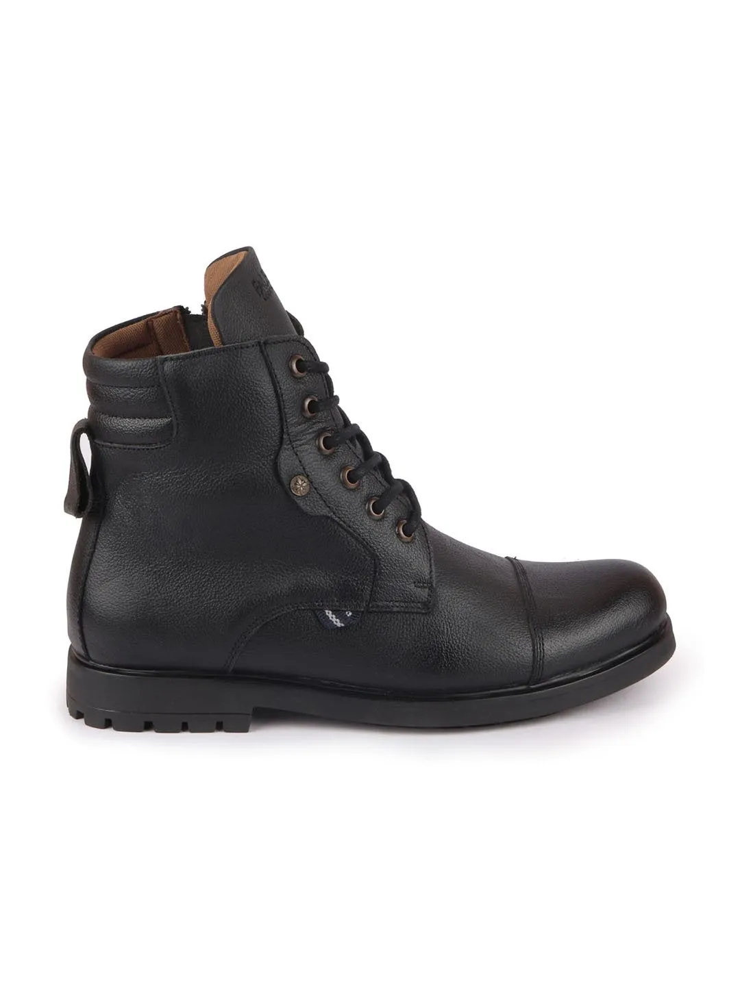 Men Black Leather Lace Up High Top Boots