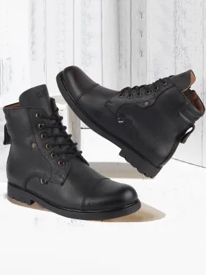 Men Black Leather Lace Up High Top Boots