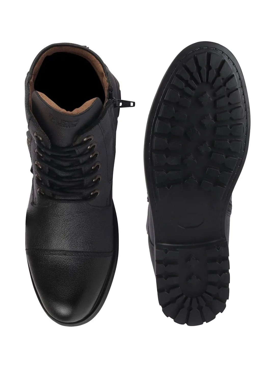 Men Black Leather Lace Up High Top Boots