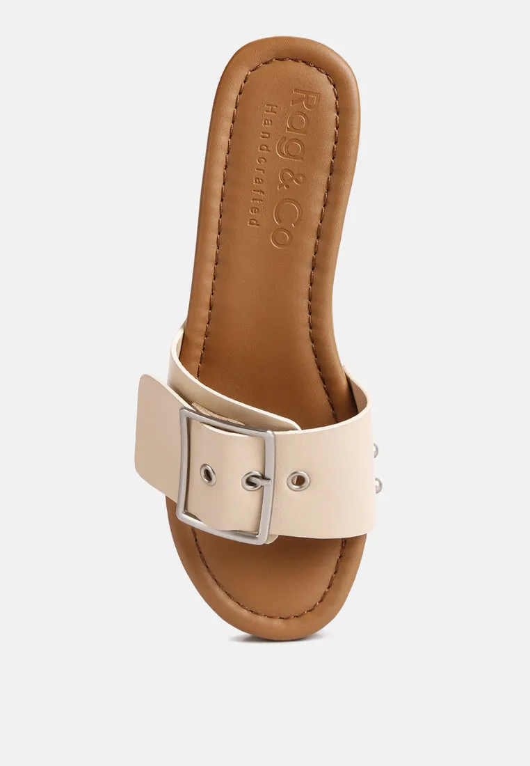 MIINDY Buckle Strap Leather Slip Ons in beige