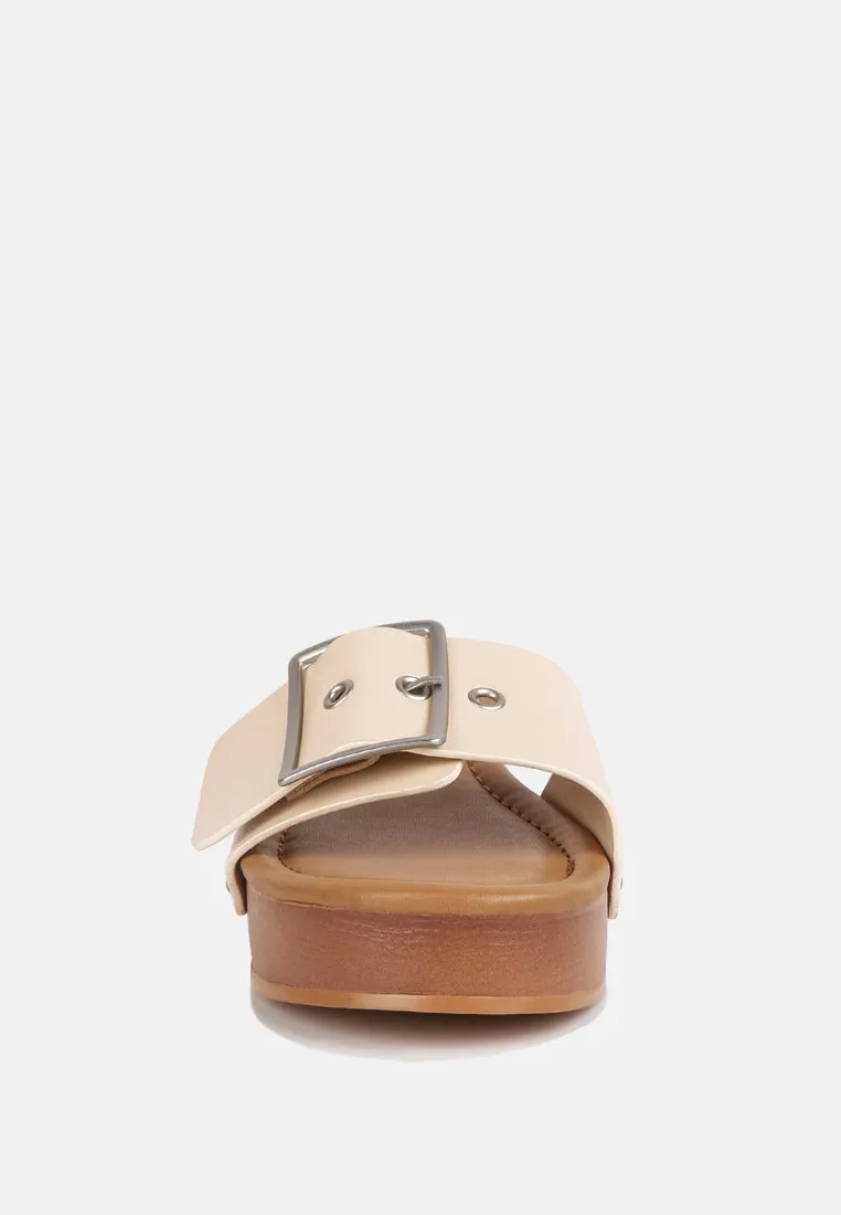 MIINDY Buckle Strap Leather Slip Ons in beige