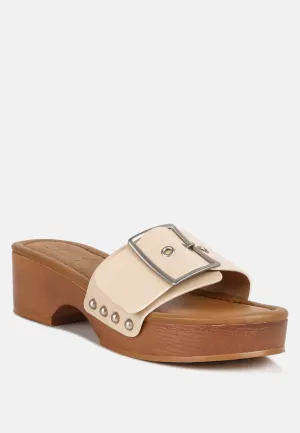 MIINDY Buckle Strap Leather Slip Ons in beige