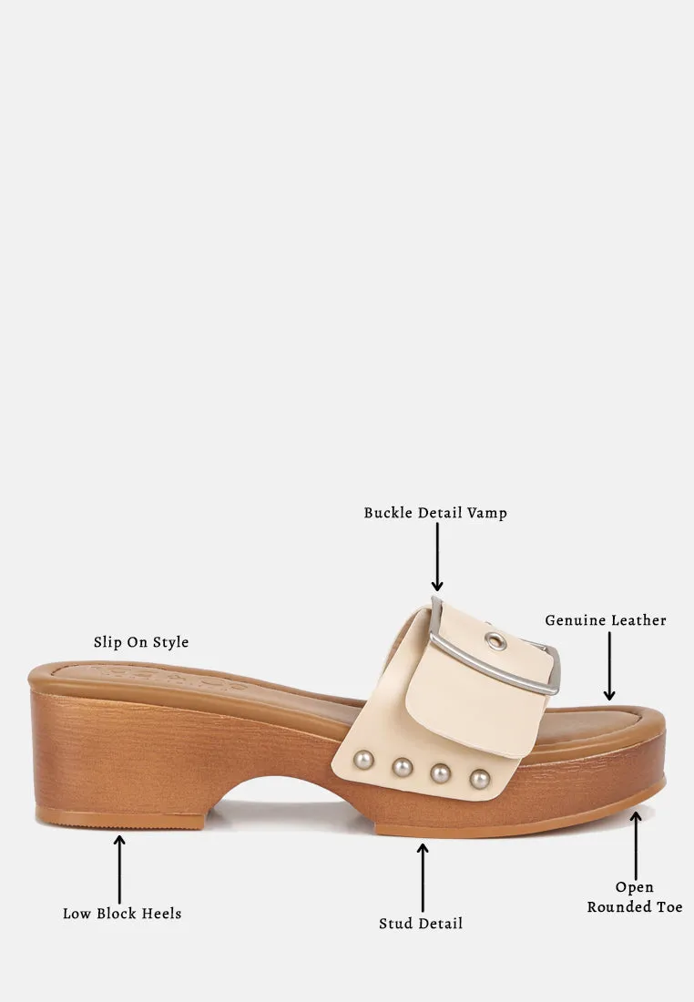 MIINDY Buckle Strap Leather Slip Ons in beige