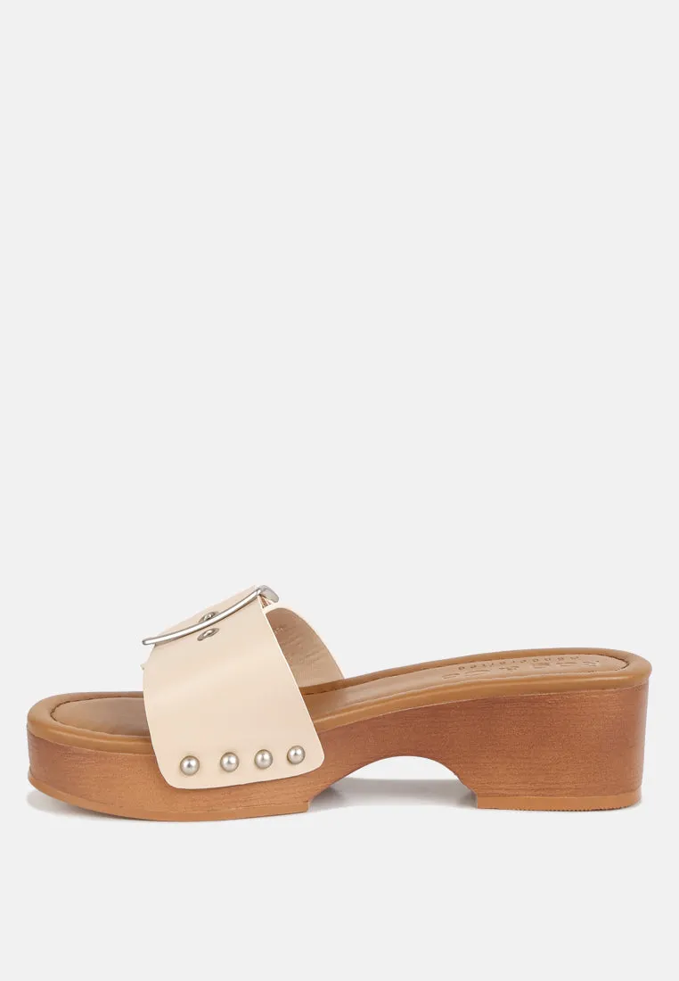 MIINDY Buckle Strap Leather Slip Ons in beige