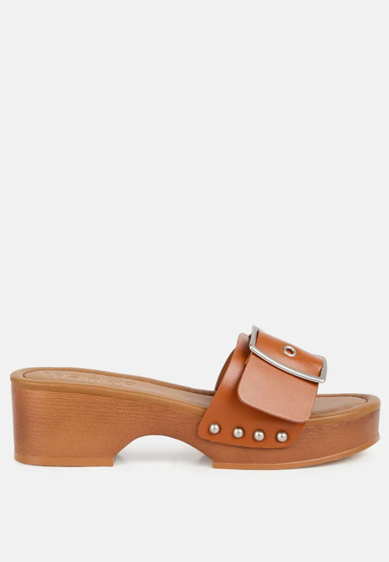 MIINDY Buckle Strap Leather Slip Ons in Tan