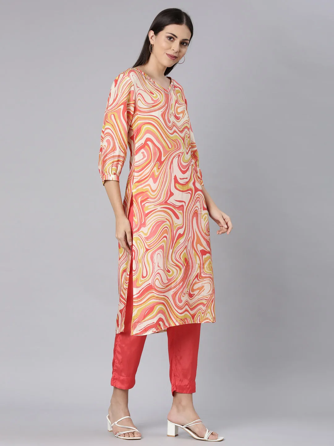 Neerus Cream Casual Straight Kurta and Trouser