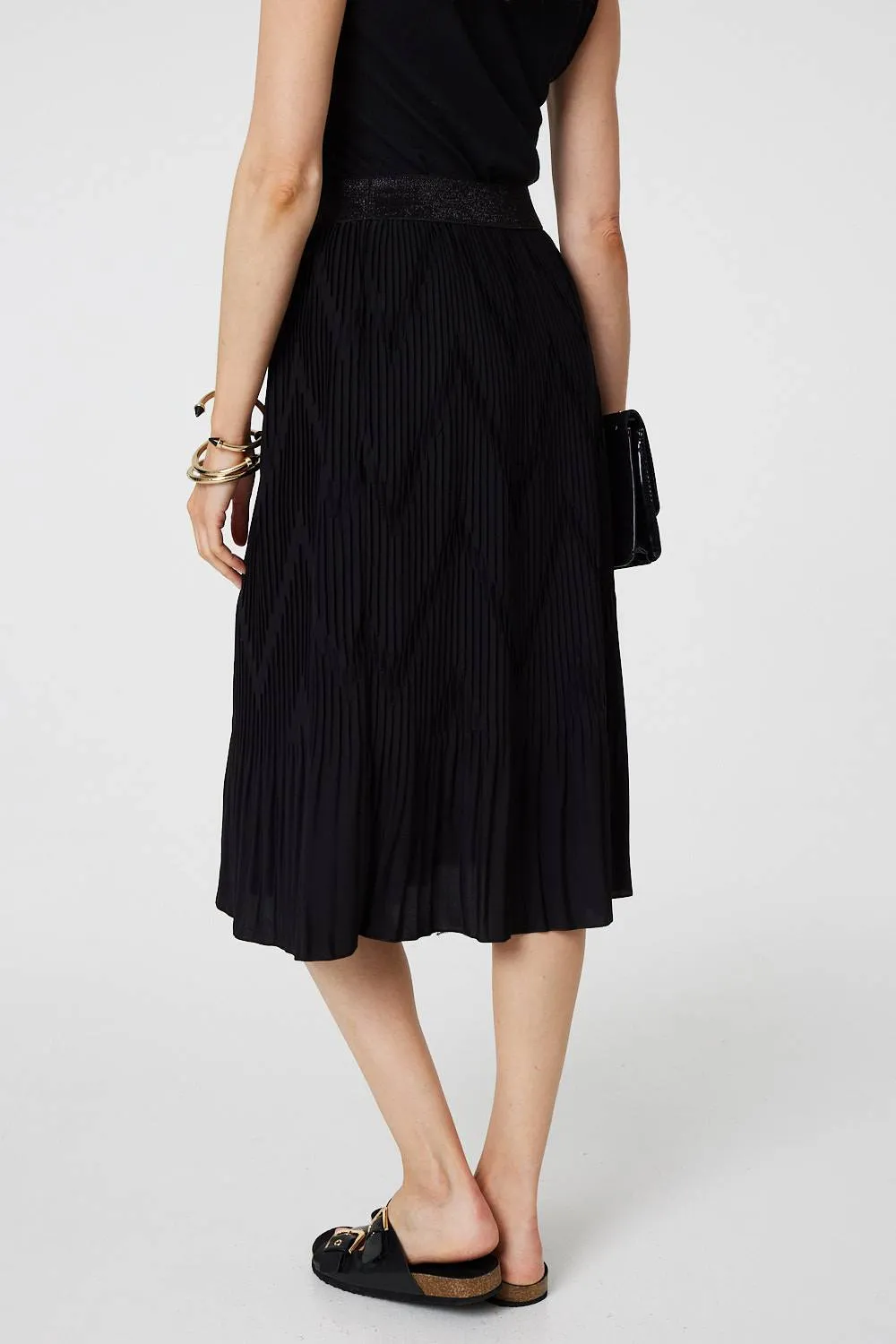 Pleated High Waist A-Line Midi Skirt