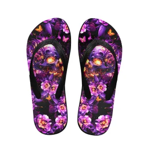 Purple Skull Abstract Floral Flip Flops for Women Beach