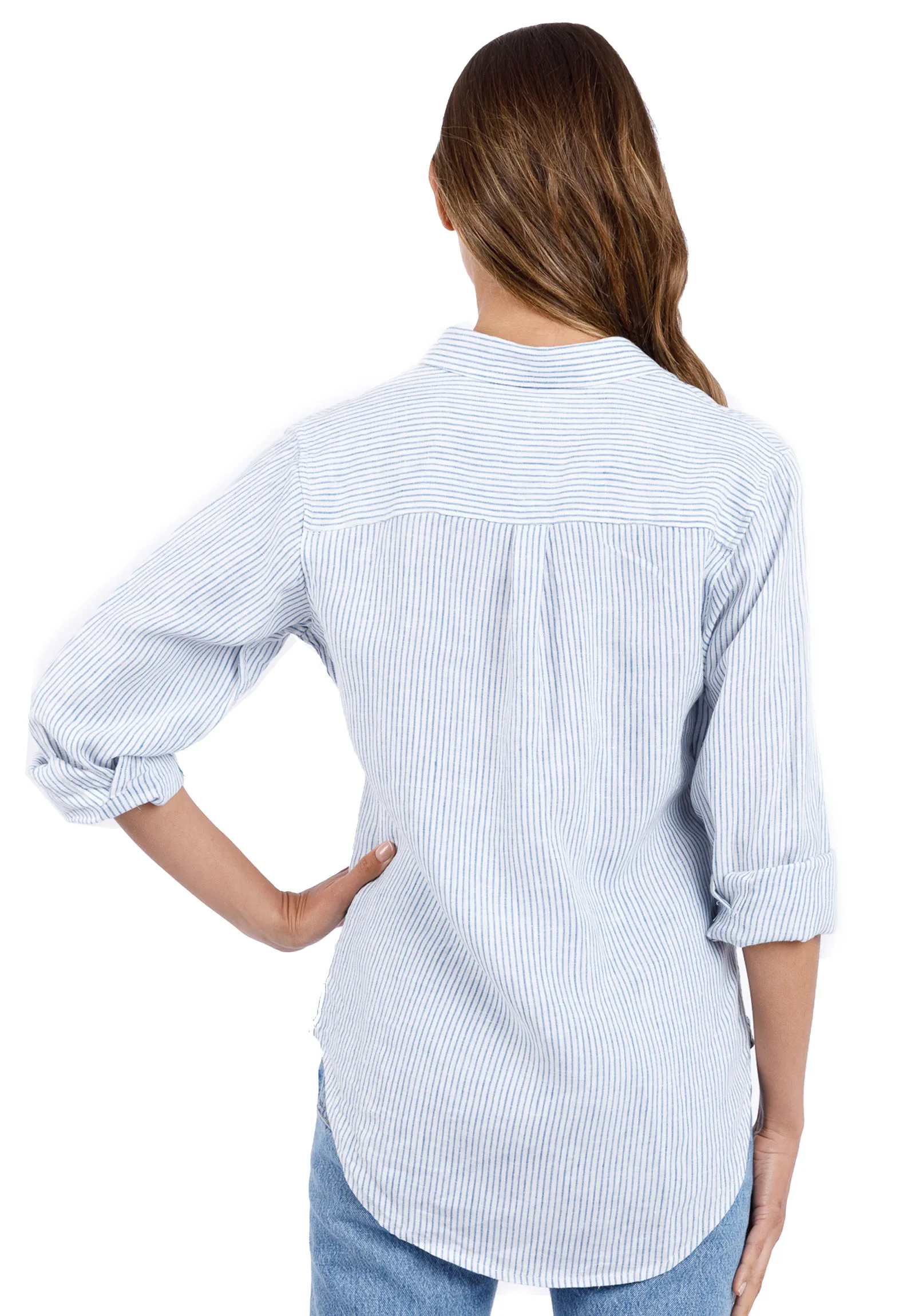 Rina Light Blue Stripes Slim-Fit Linen Shirt