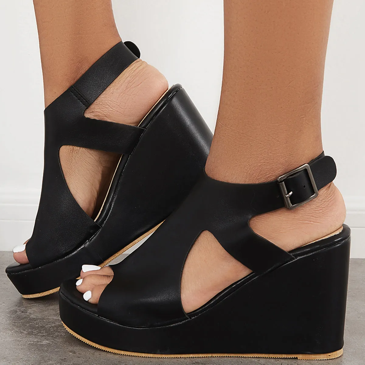 Sohiwoo Black Cutout Slingback Platform Wedge Heels Ankle Strap Sandals