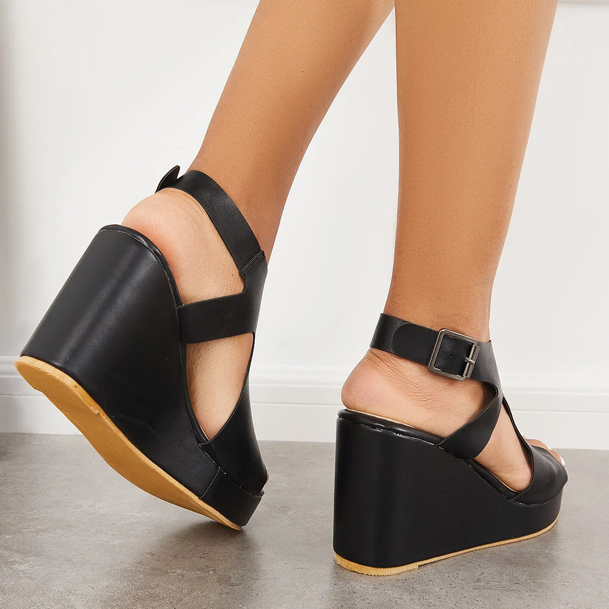 Sohiwoo Black Cutout Slingback Platform Wedge Heels Ankle Strap Sandals