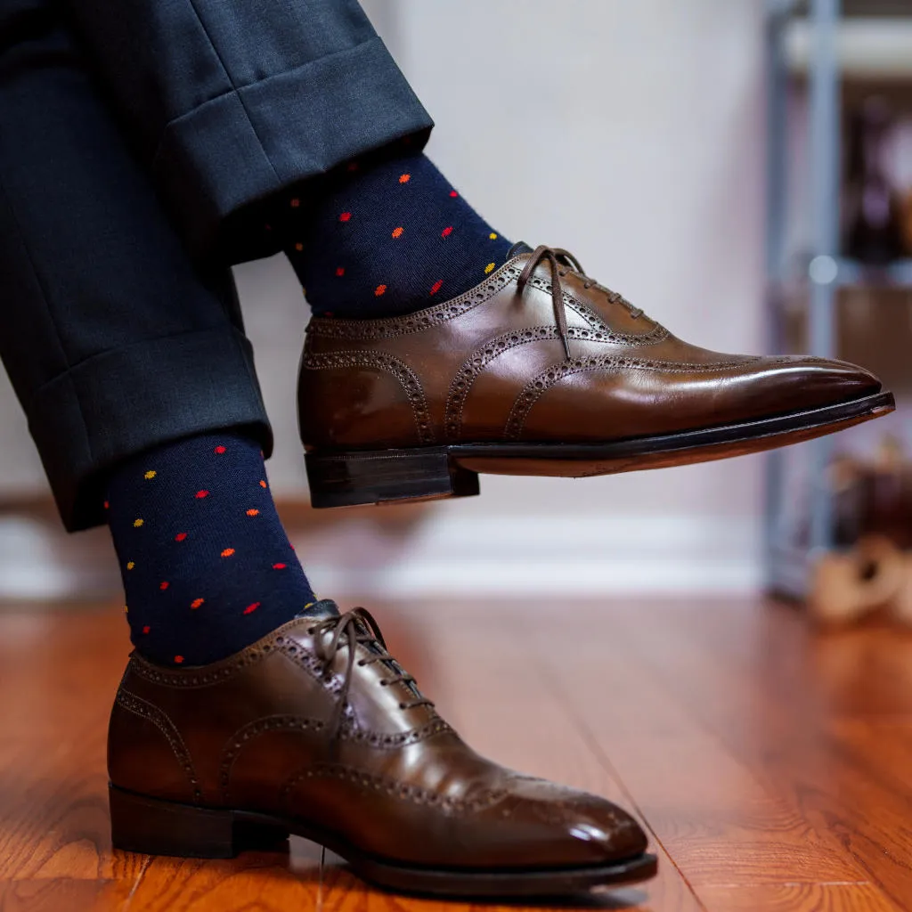 Tri-Color Dots on Navy Merino Wool Mid-Calf Dress Socks