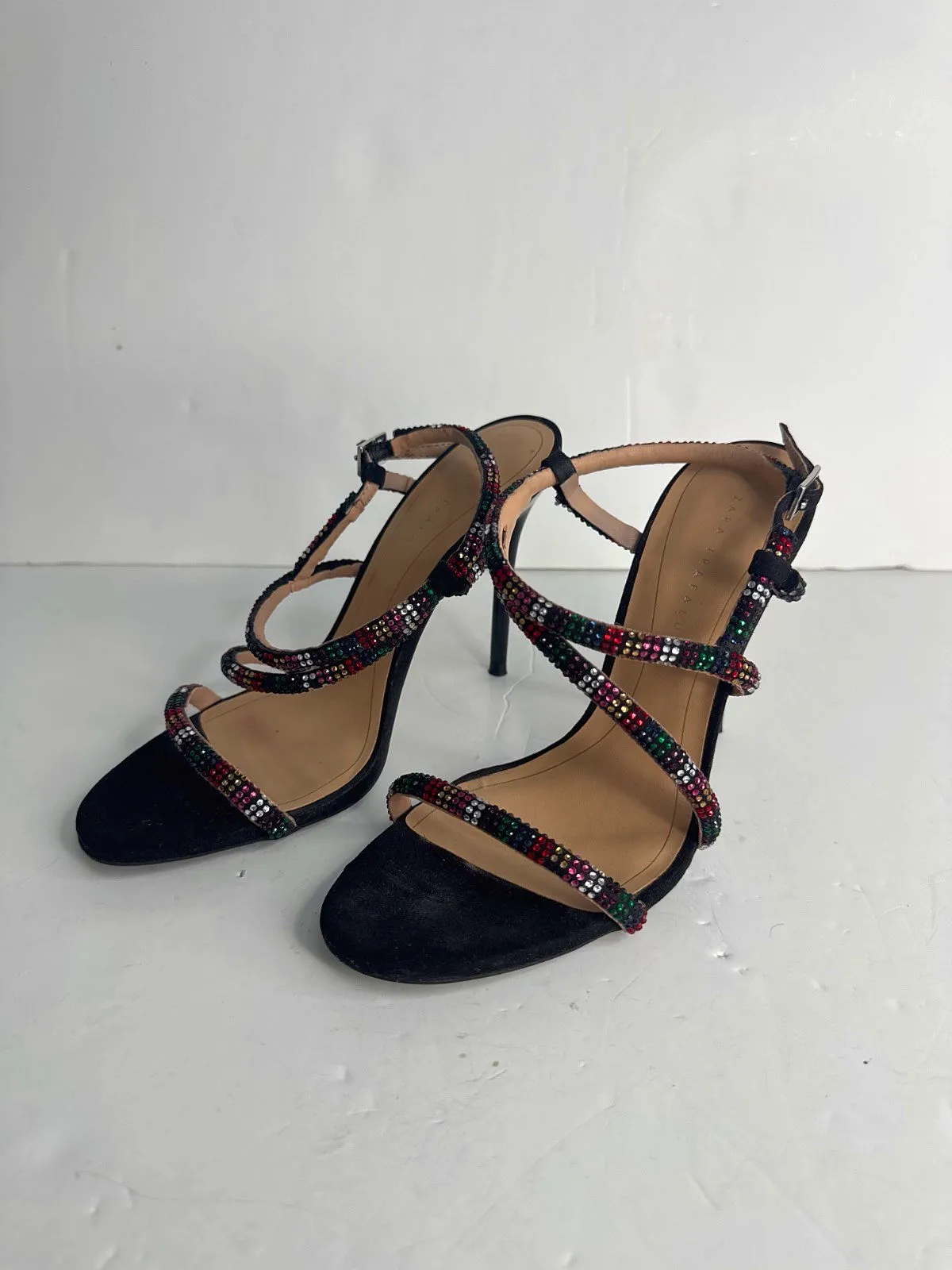 Zara Black/ Rainbow Crystal Strappy Heels EU 37 UK 4